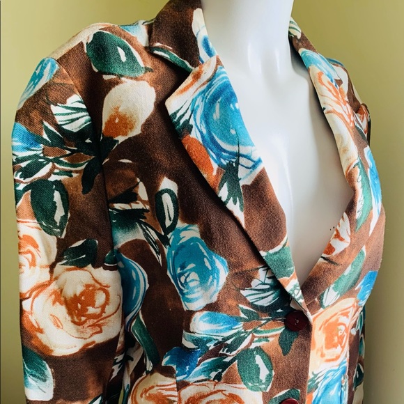 Zara Floral Short Blazer bright Orange & Blue Roses Pattern double collar US 10 - Picture 6 of 10